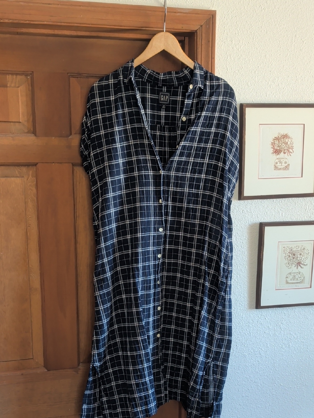 GAP Navy and White Plaid Button-Front Shirt Dress